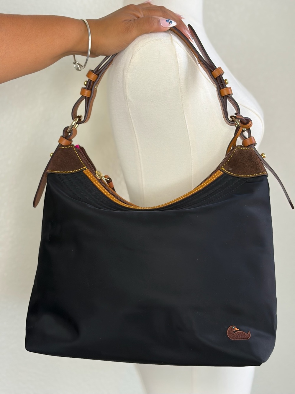 Dooney & Bourke Black Nylon Shoulder Bag with Brown Leather Trim
